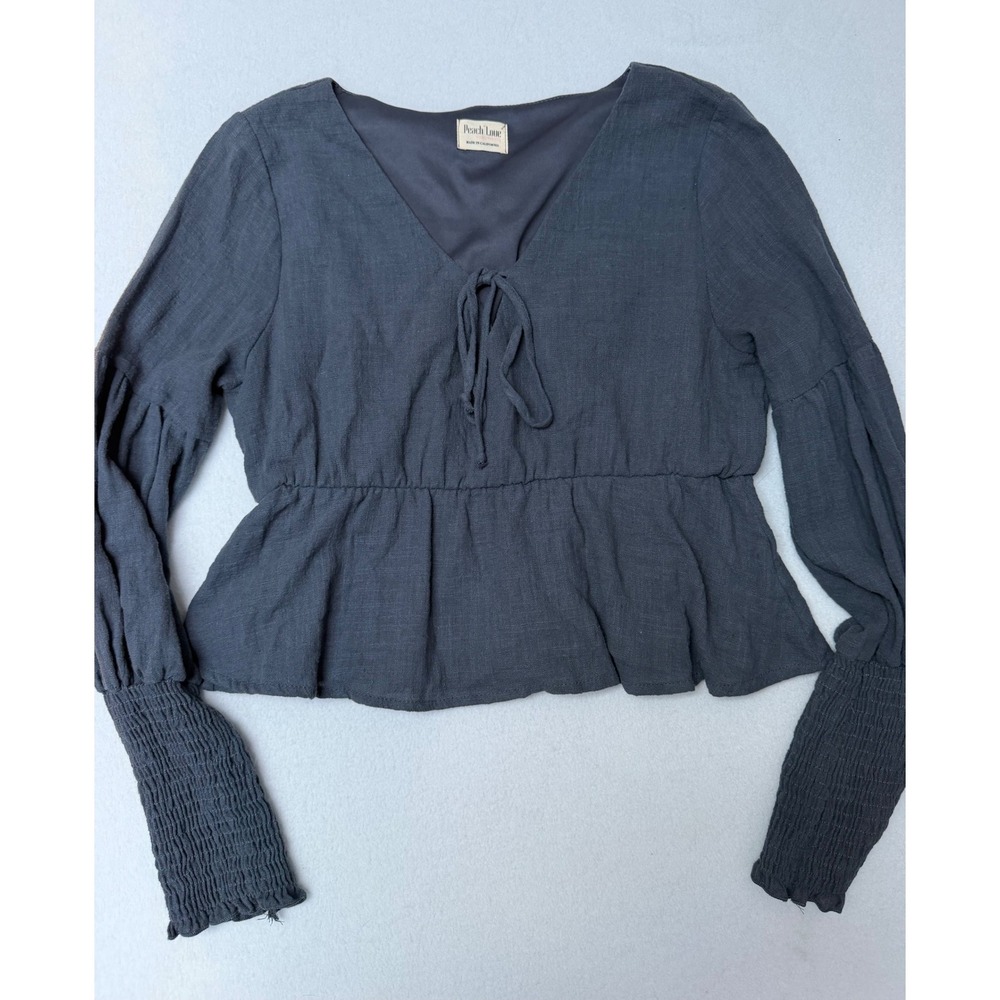 Peach Love California Charcoal Gray Peplum Tie Front Smocked Cuff Top Medium
